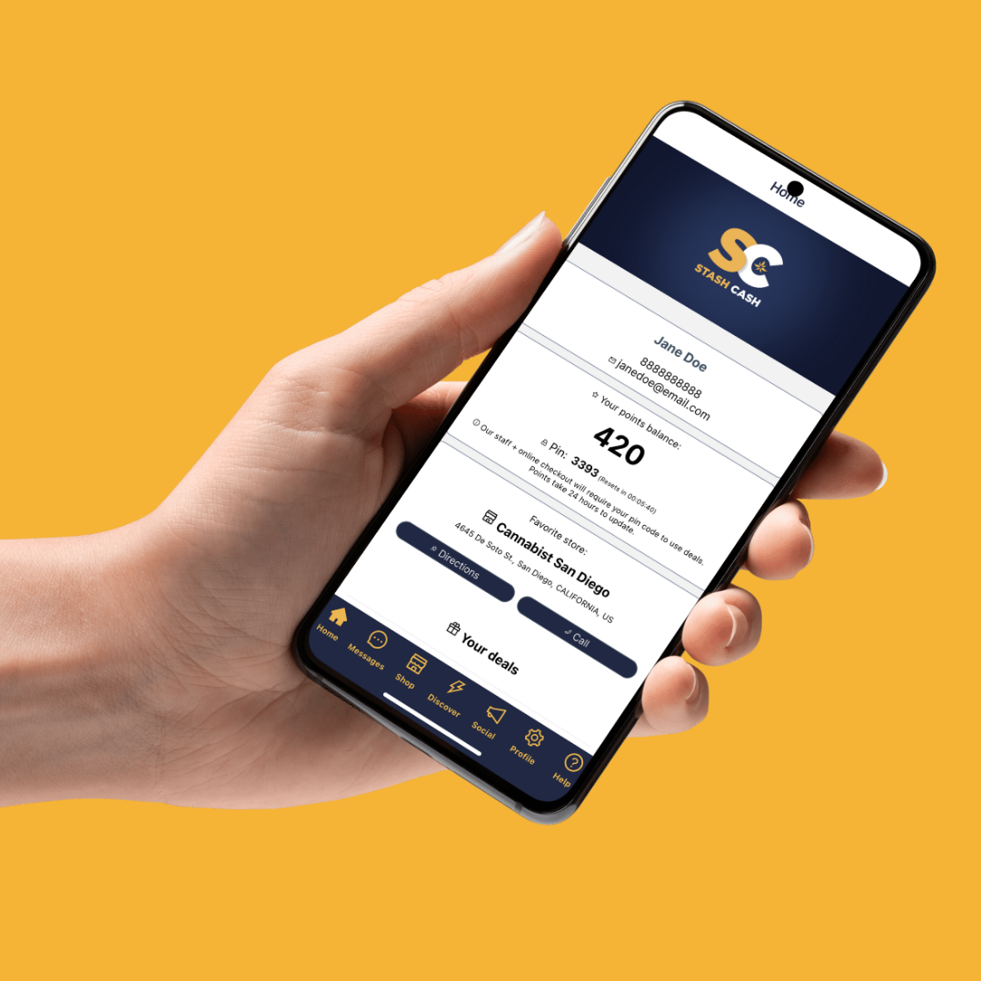 Hand holding a smartphone displaying the Stash Cash app home screen. The interface shows user information, points balance, favorite store details, and navigation icons at the bottom. The background is a solid mustard yellow.